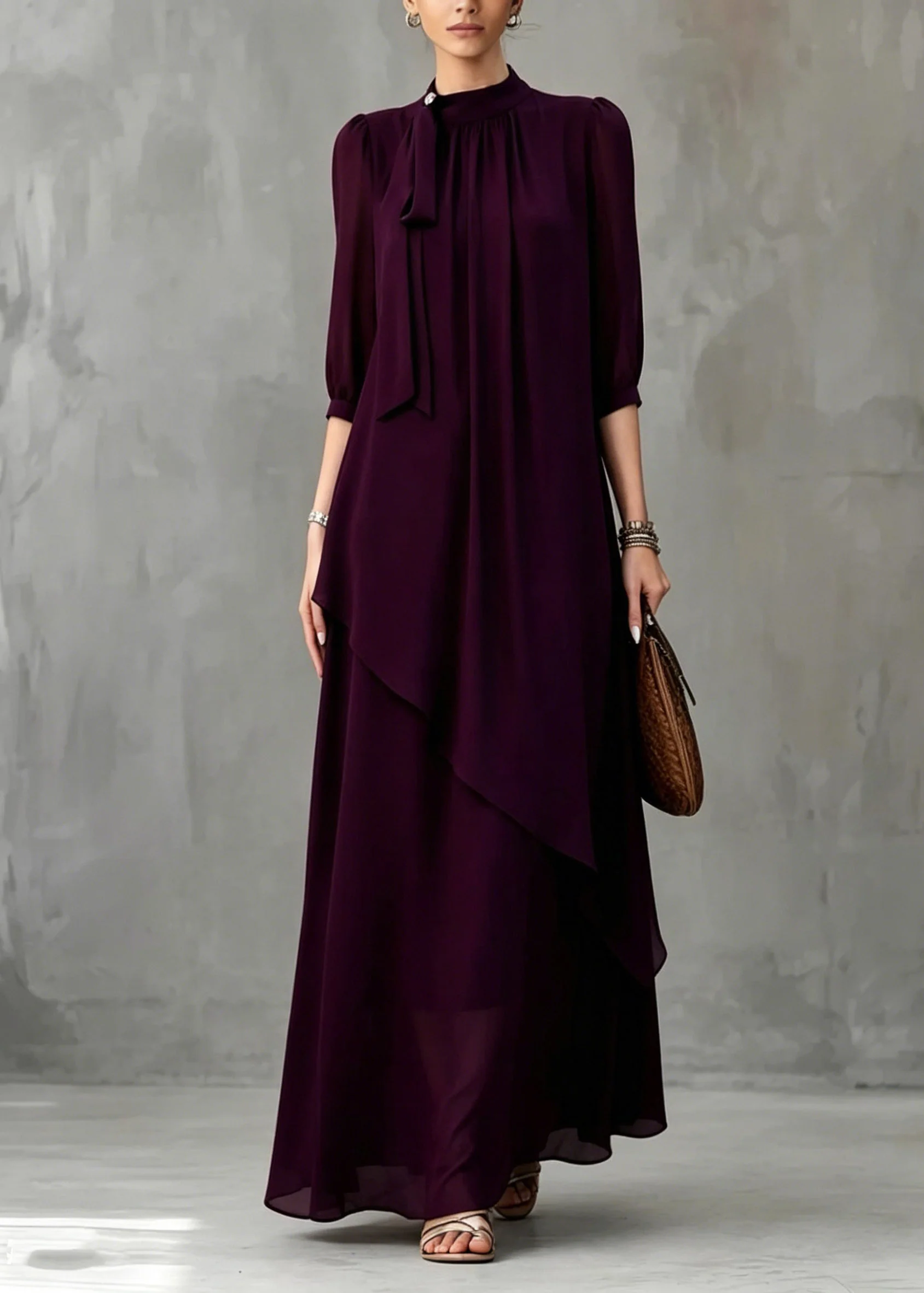 Organic Dark Purple Stand Collar Solid Maxi Dress Half Sleeve - Image 3