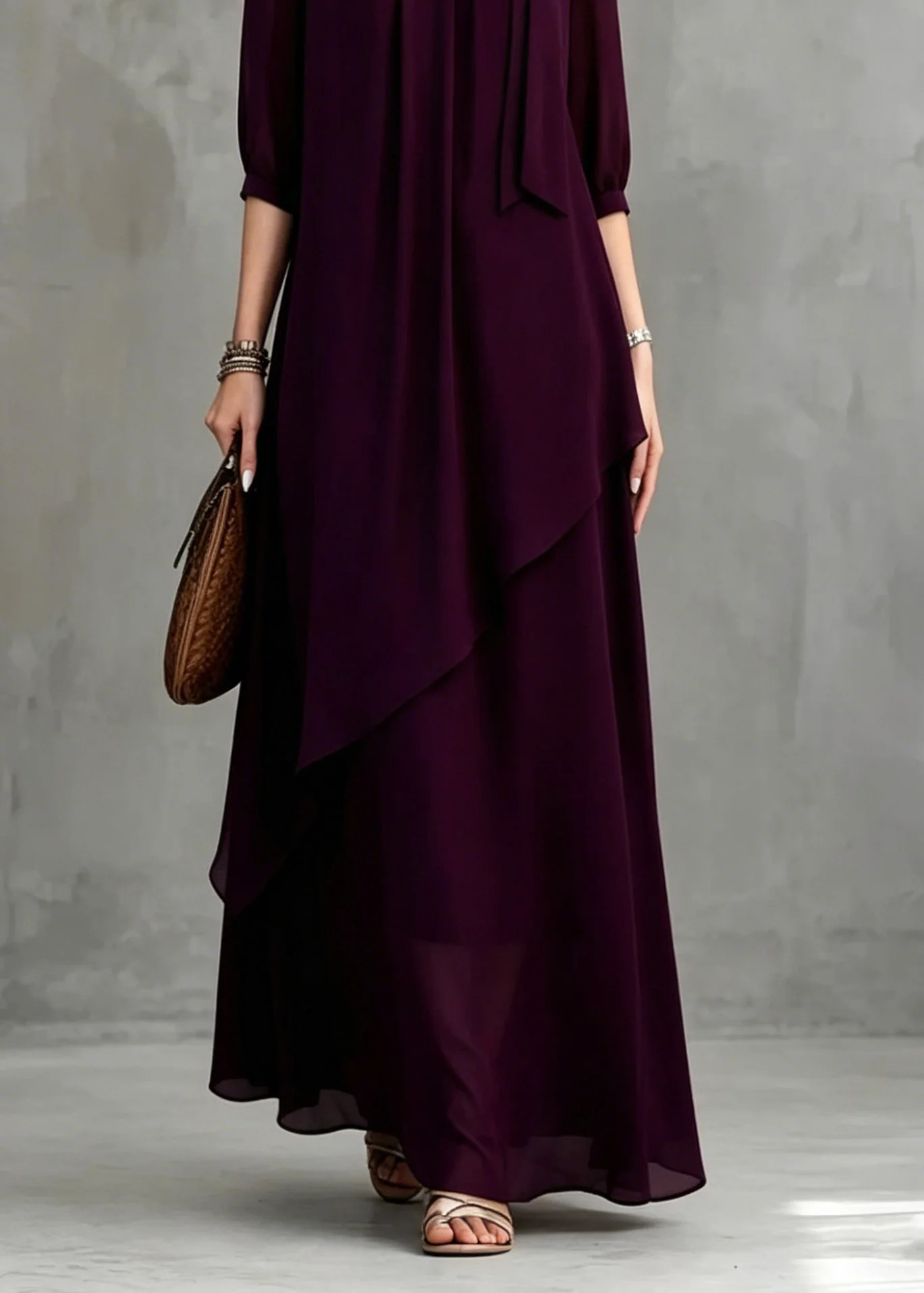 Organic Dark Purple Stand Collar Solid Maxi Dress Half Sleeve - Image 4