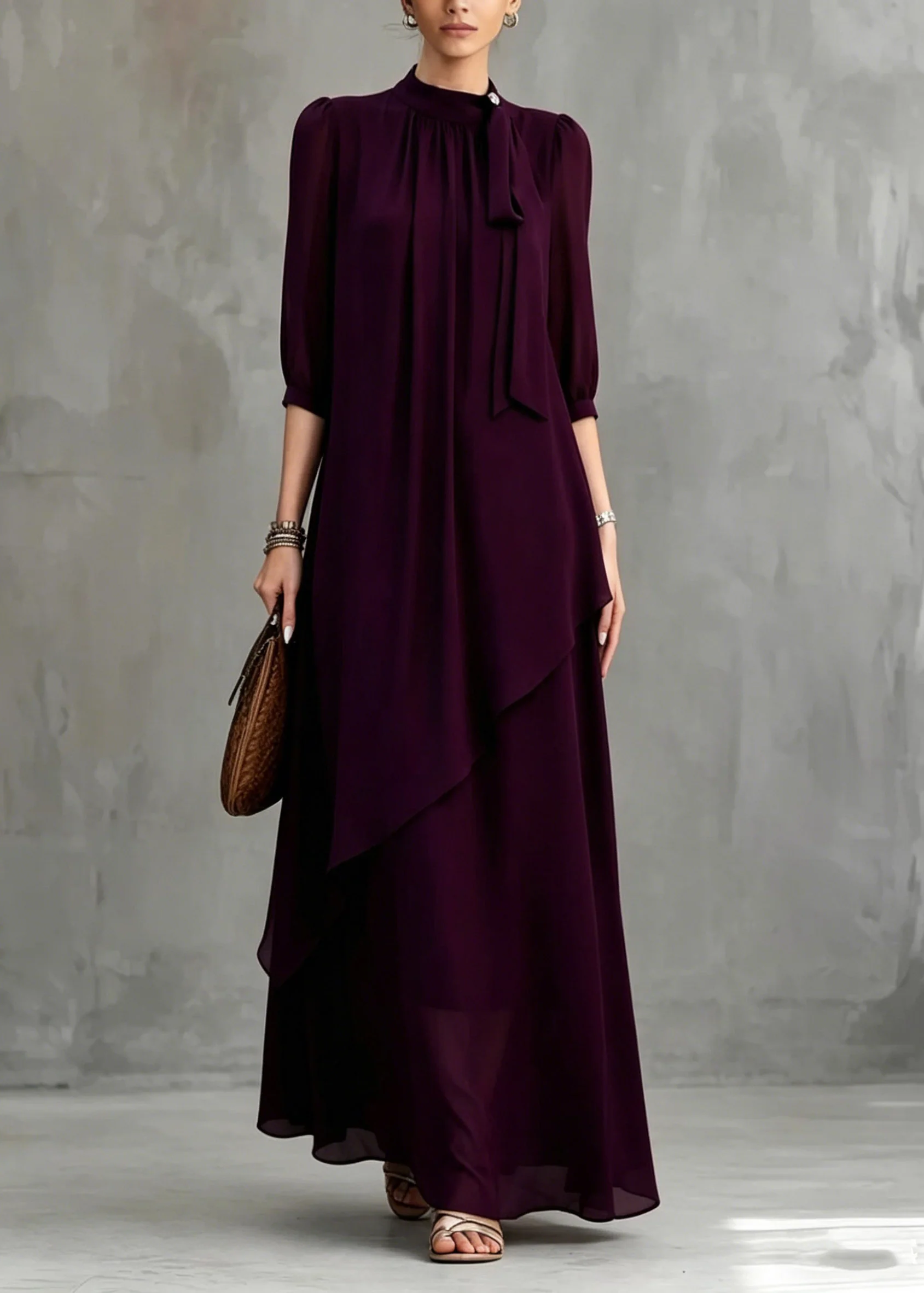Organic Dark Purple Stand Collar Solid Maxi Dress Half Sleeve - Image 5