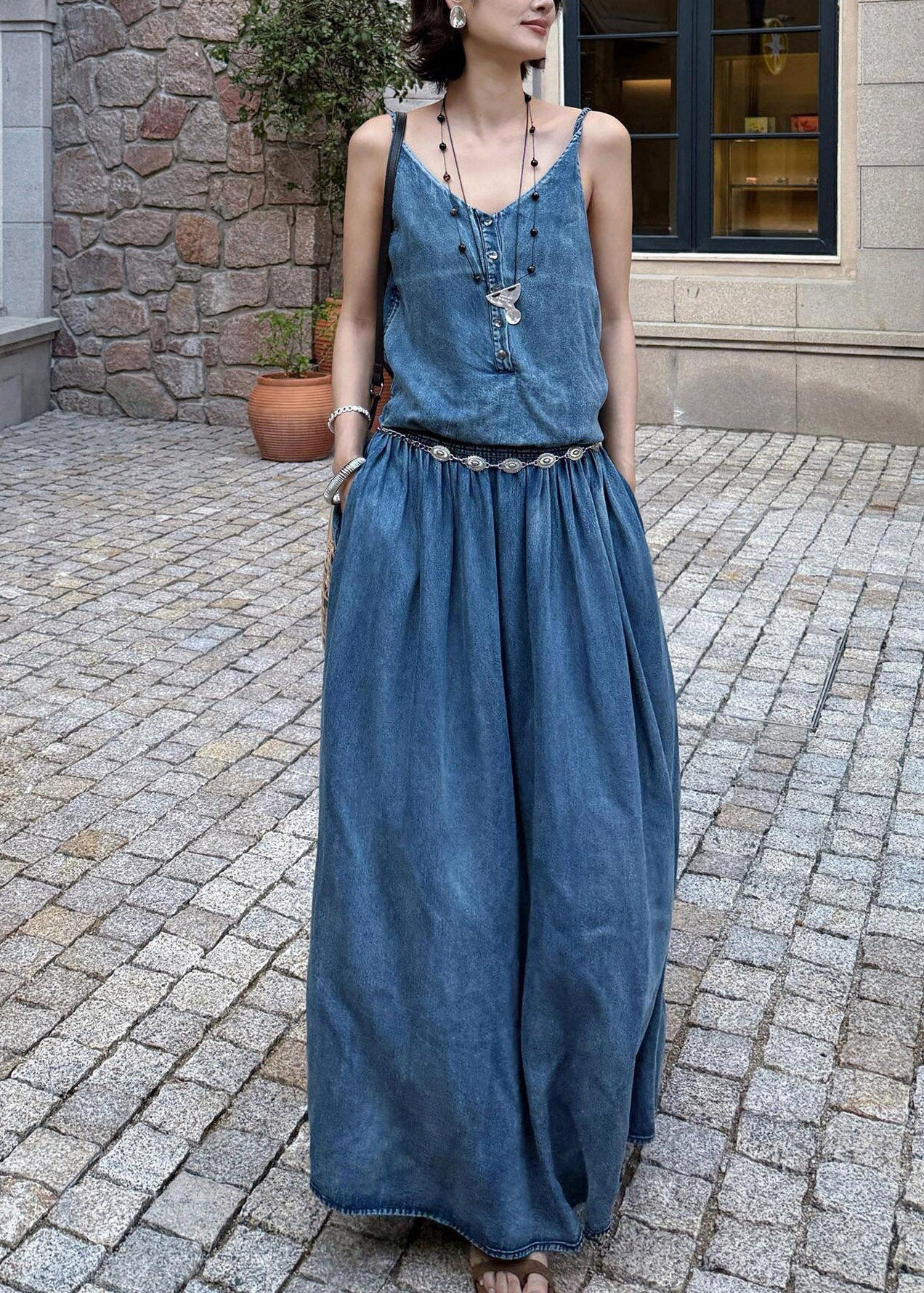 Organic Denim Blue V Neck Pockets Patchwork Long Spaghetti Strap Dress Sleeveless - Image 2