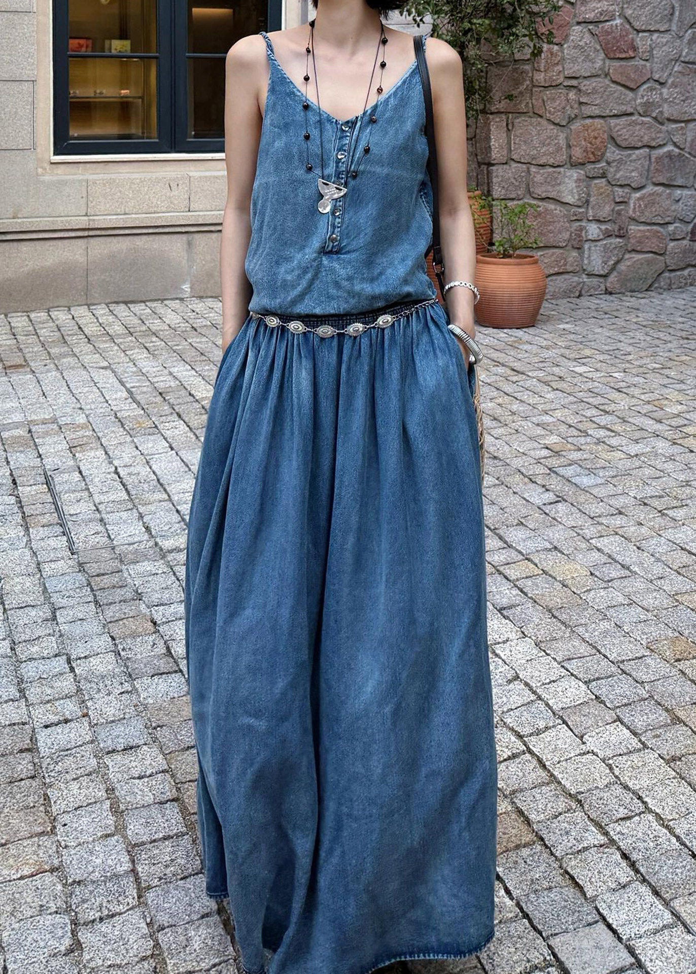 Organic Denim Blue V Neck Pockets Patchwork Long Spaghetti Strap Dress Sleeveless - Image 3