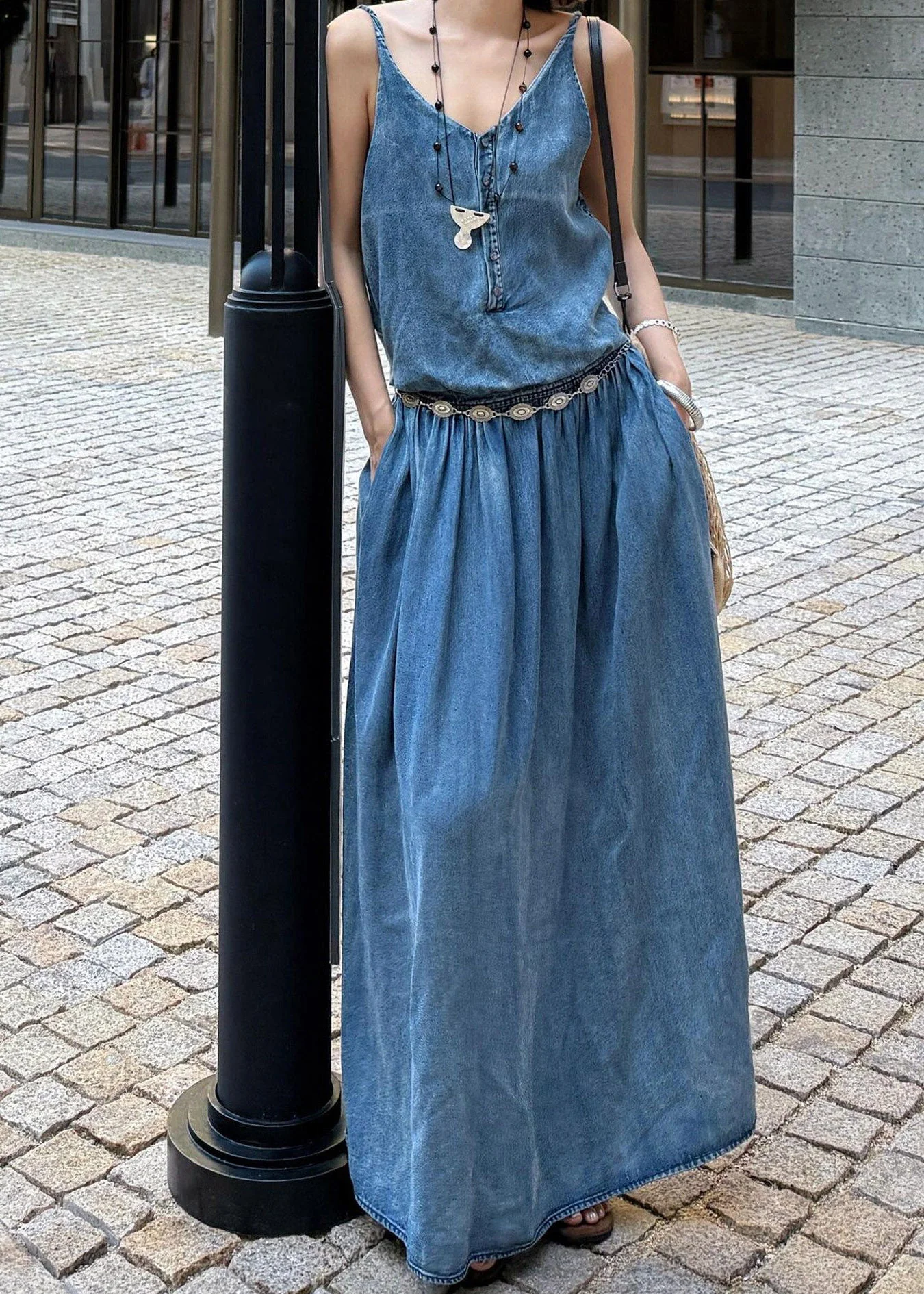 Organic Denim Blue V Neck Pockets Patchwork Long Spaghetti Strap Dress Sleeveless - Image 4