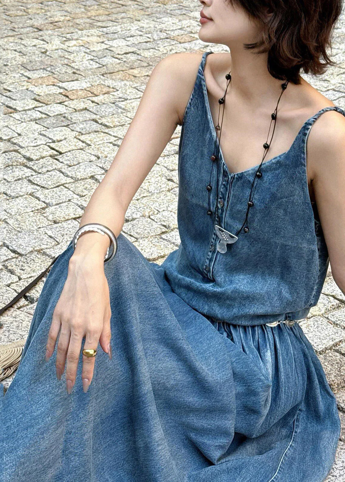 Organic Denim Blue V Neck Pockets Patchwork Long Spaghetti Strap Dress Sleeveless - Image 5