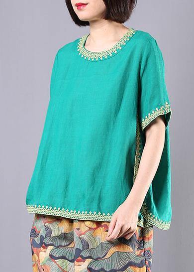 Organic embroidery linen cotton clothes green o neck Dresses blouses summer - Image 2