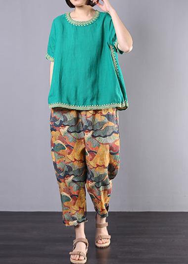 Organic embroidery linen cotton clothes green o neck Dresses blouses summer - Image 3
