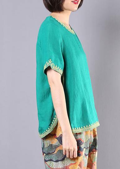 Organic embroidery linen cotton clothes green o neck Dresses blouses summer - Image 4