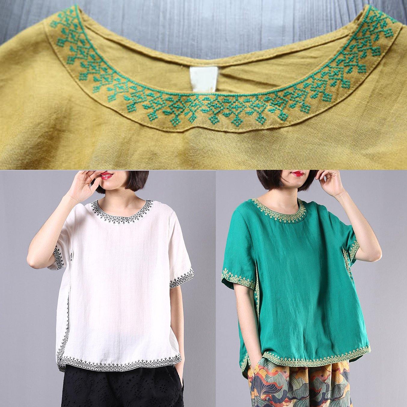 Organic embroidery linen cotton clothes green o neck Dresses blouses summer - Image 5