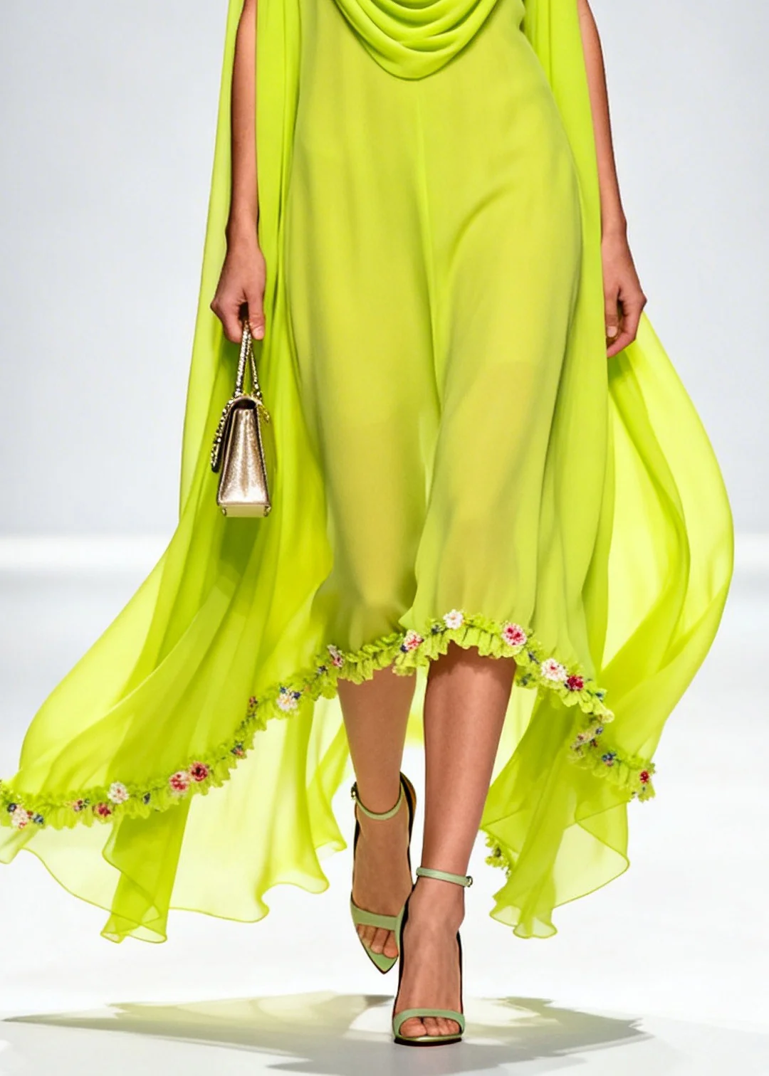 Organic Fluorescent Green Turtle Neck Floral Chiffon Long Dresses Summer - Image 4