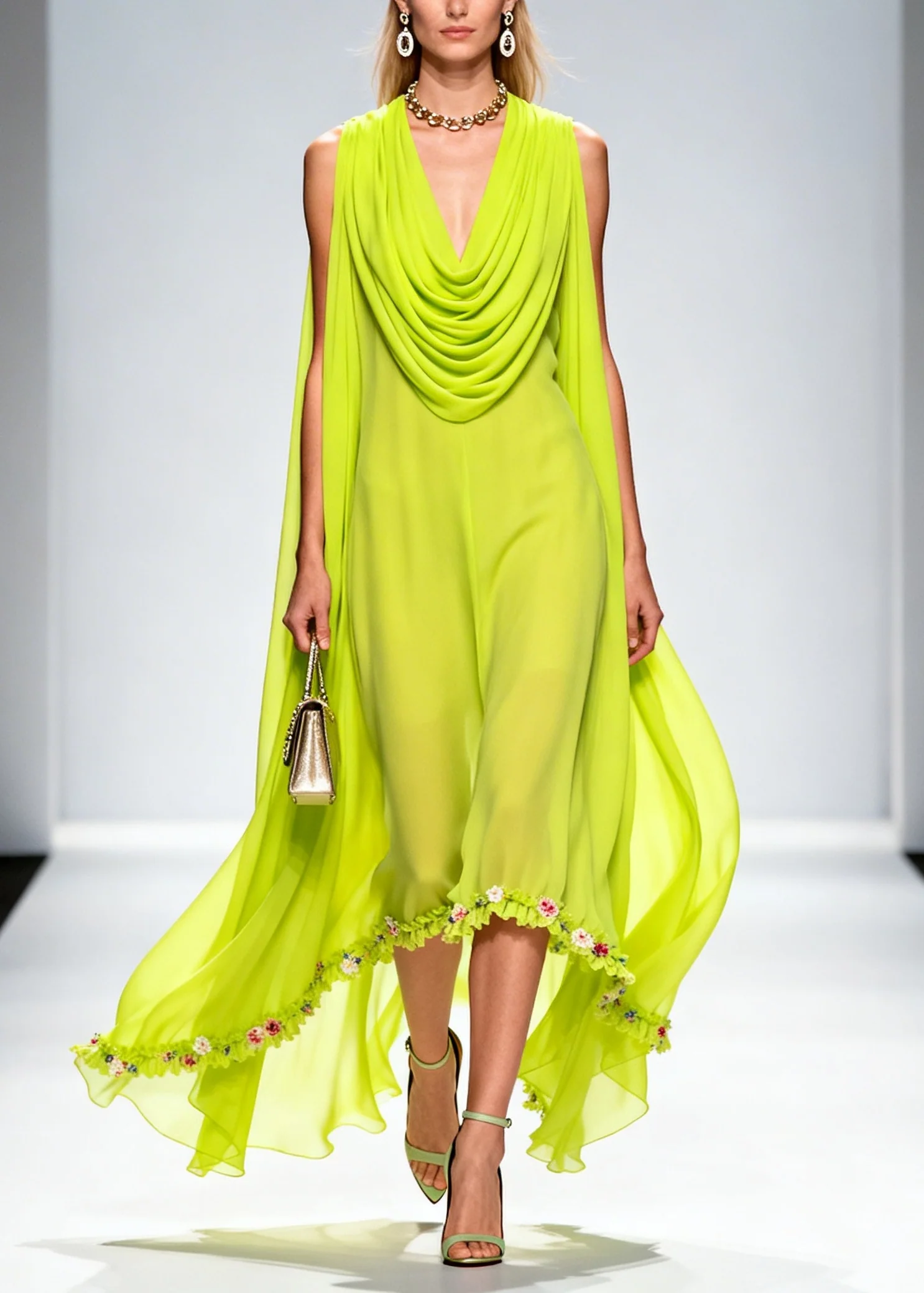 Organic Fluorescent Green Turtle Neck Floral Chiffon Long Dresses Summer - Image 5