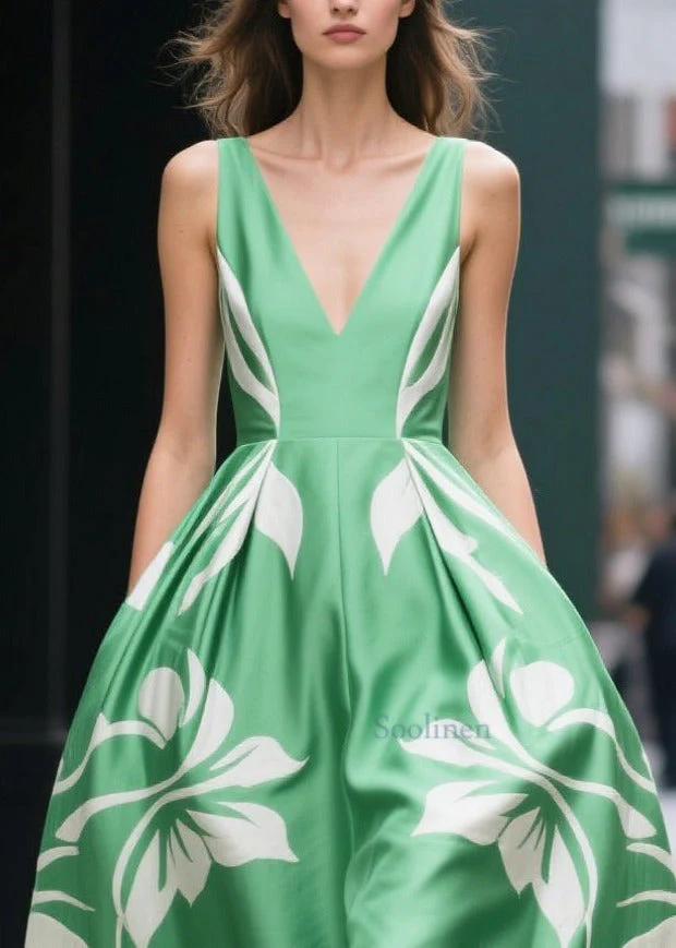 Organic Fruit Green Print Silk Cotton Vacation Dress Summer - Image 2