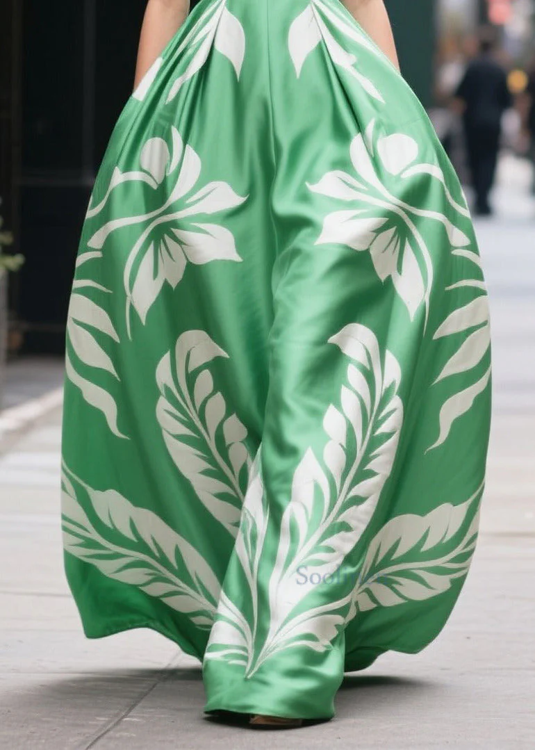 Organic Fruit Green Print Silk Cotton Vacation Dress Summer - Image 4