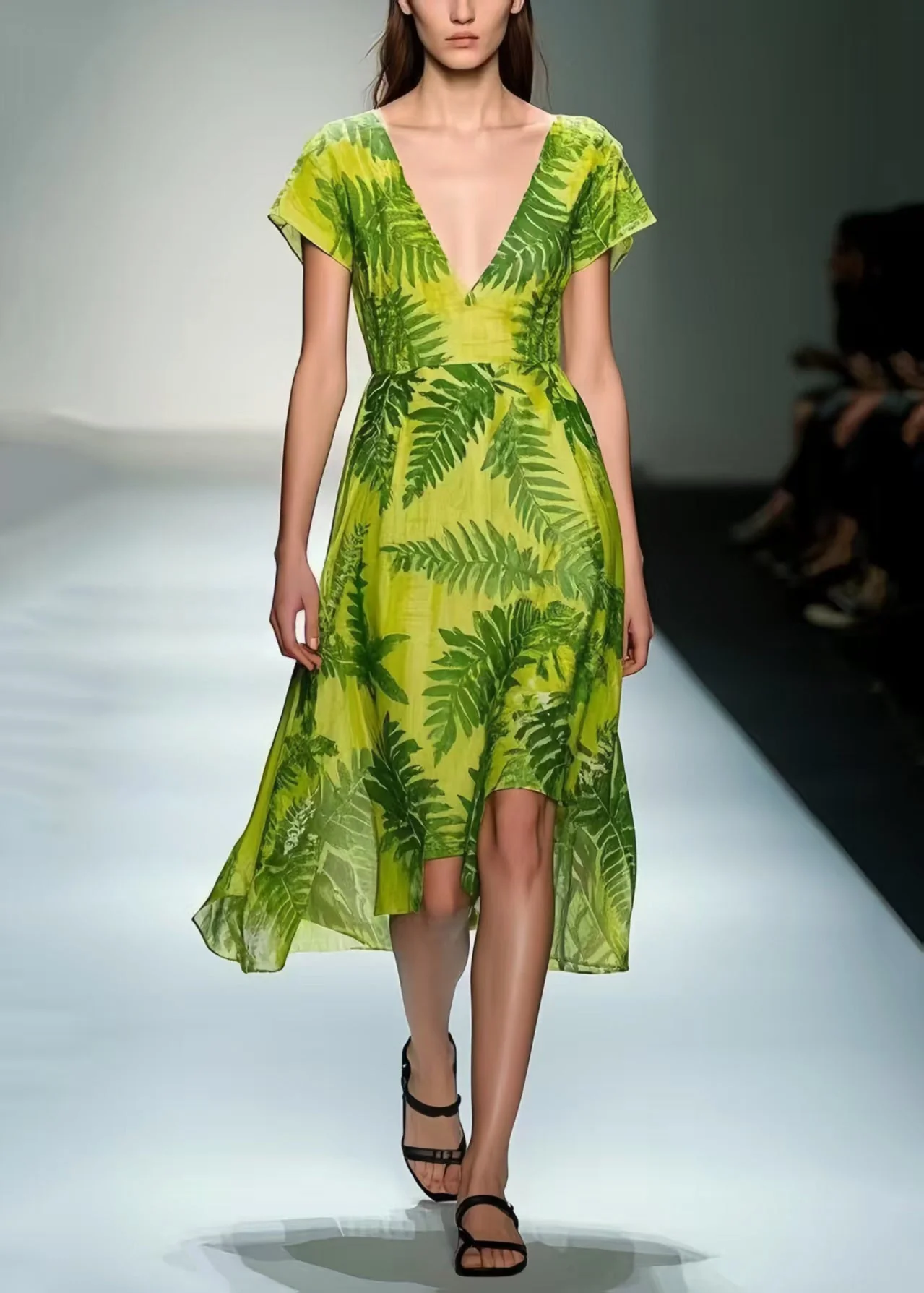 Organic Grass Green V Neck Leaf Print Cotton Tea Dress Summer