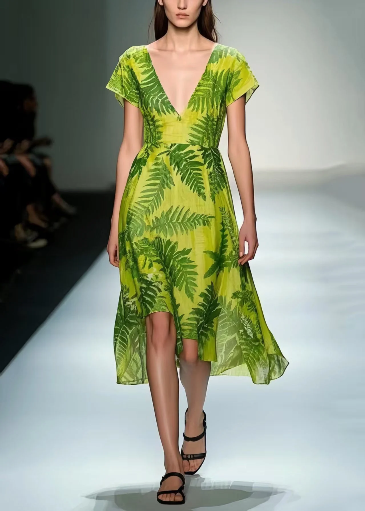 Organic Grass Green V Neck Leaf Print Cotton Tea Dress Summer - Image 3