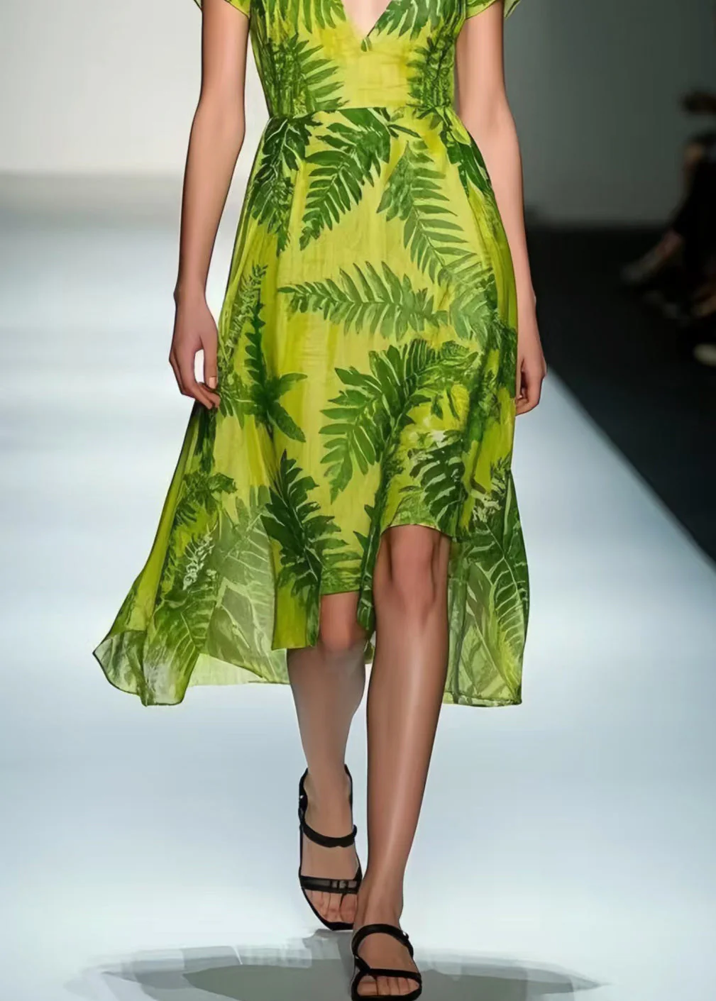 Organic Grass Green V Neck Leaf Print Cotton Tea Dress Summer - Image 4