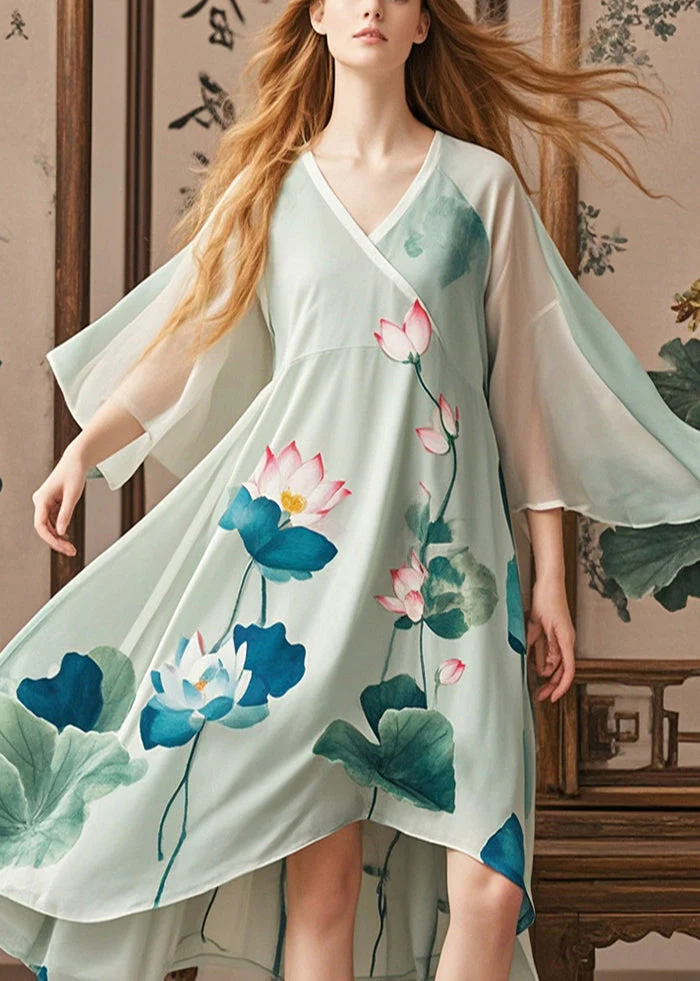 Organic Green Asymmetrical Lotus Print Chiffon Dress Summer - Image 3