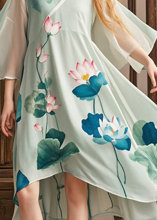 Organic Green Asymmetrical Lotus Print Chiffon Dress Summer - Image 4