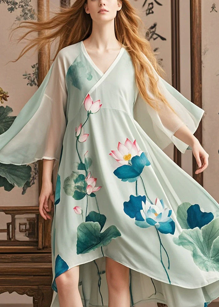 Organic Green Asymmetrical Lotus Print Chiffon Dress Summer - Image 5
