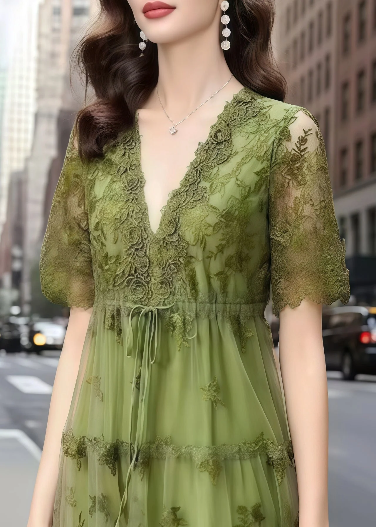 Organic Green Cinched Embroidered Tulle Long Dress Summer - Image 2