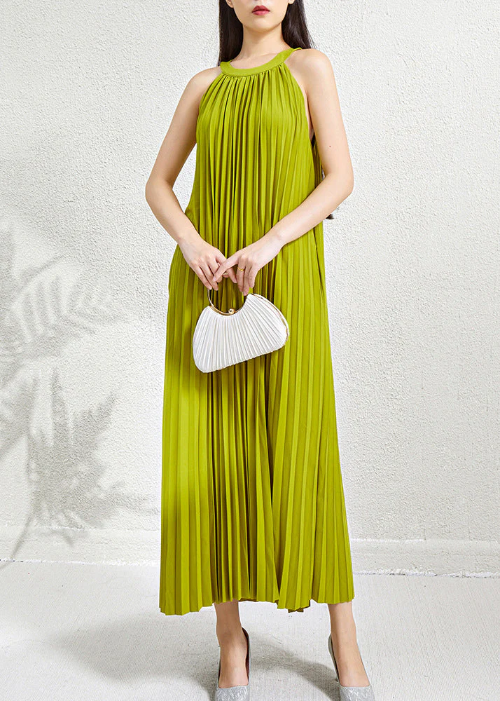 Organic Green Halter Wrinkled Pockets Long Dress Sleeveless