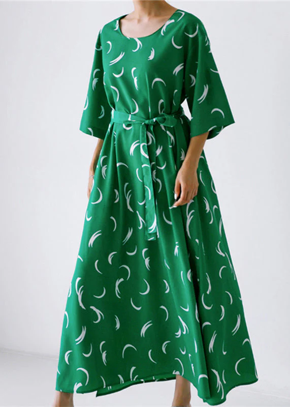 Organic Green O-Neck Print Silk Maxi Dress Long Sleeve - Image 2