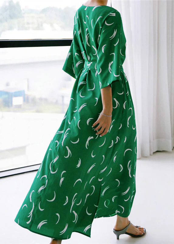 Organic Green O-Neck Print Silk Maxi Dress Long Sleeve - Image 4