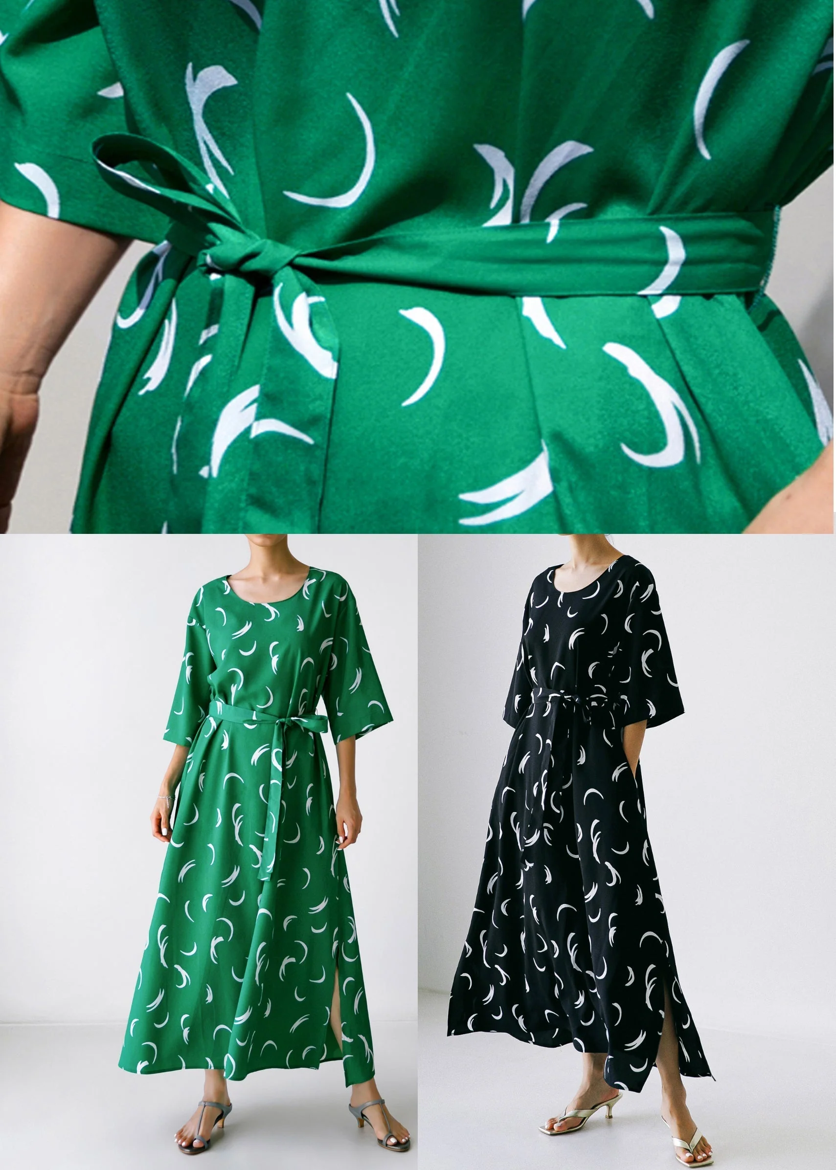 Organic Green O-Neck Print Silk Maxi Dress Long Sleeve - Image 5