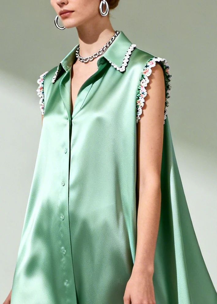 Organic Green Oversized Patchwork Lace Silk Shirt Dresses Summer - Image 2