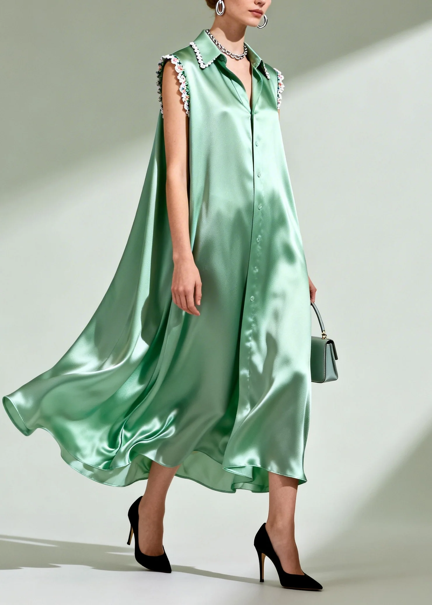 Organic Green Oversized Patchwork Lace Silk Shirt Dresses Summer - Image 3