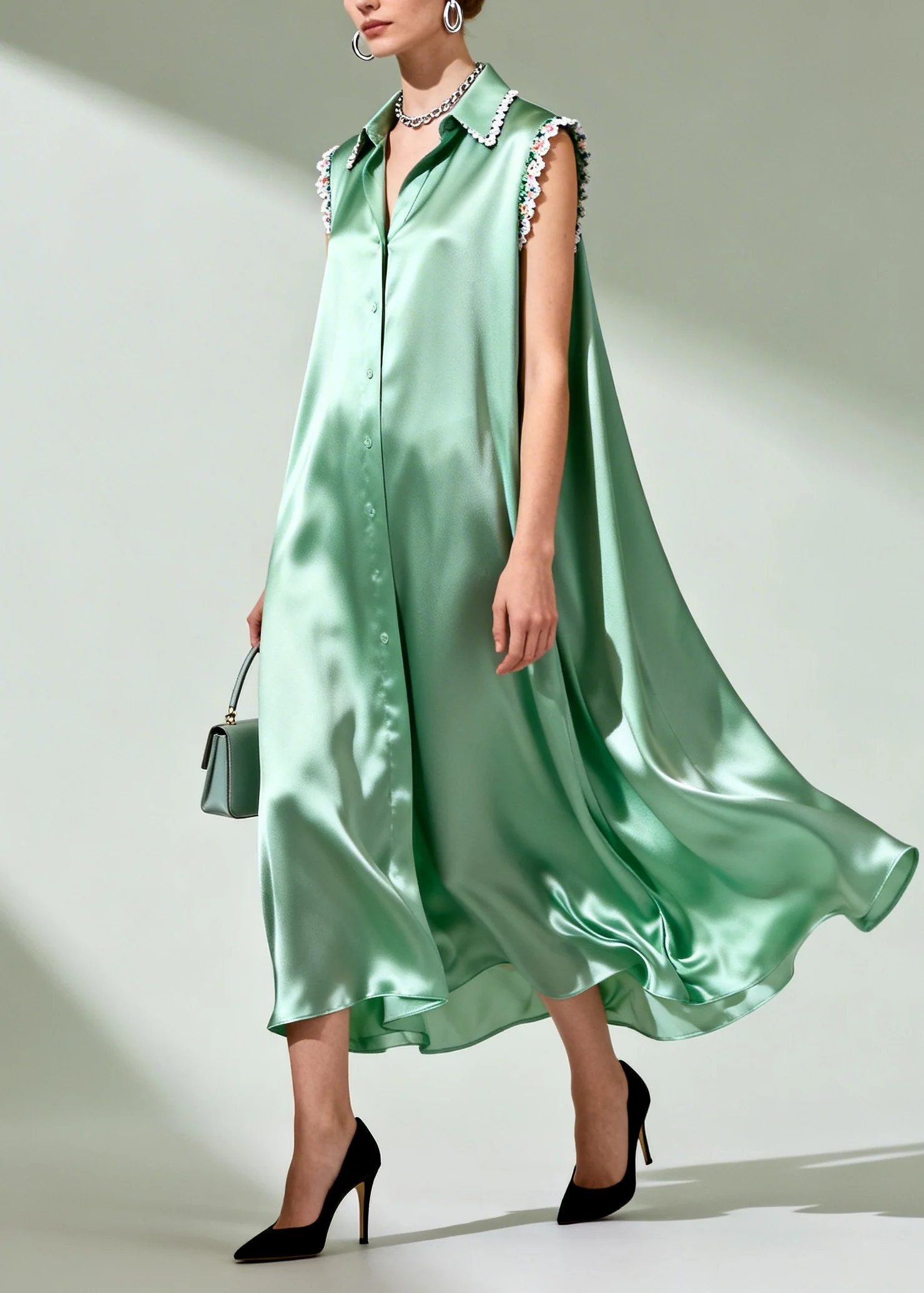 Organic Green Oversized Patchwork Lace Silk Shirt Dresses Summer - Image 5