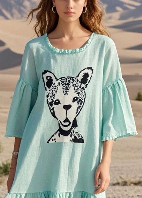 Organic Green Oversized Print Cotton Mini Dresses Summer - Image 2