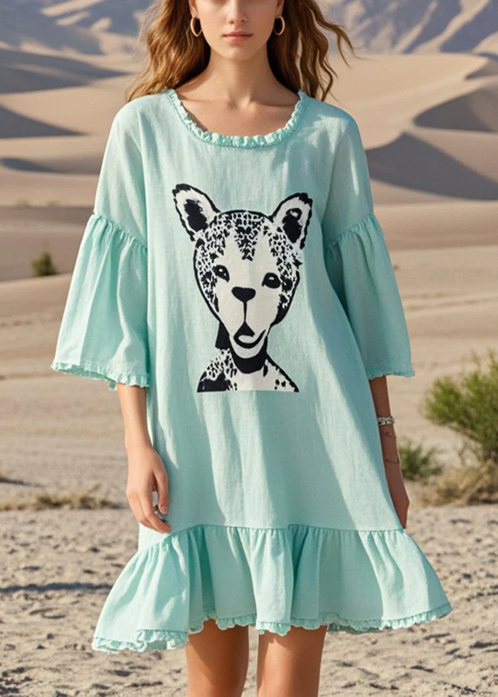 Organic Green Oversized Print Cotton Mini Dresses Summer - Image 3