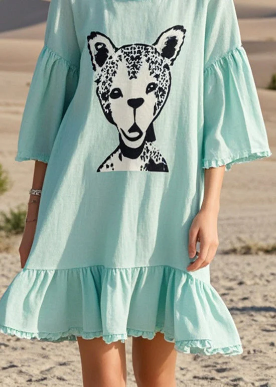 Organic Green Oversized Print Cotton Mini Dresses Summer - Image 4