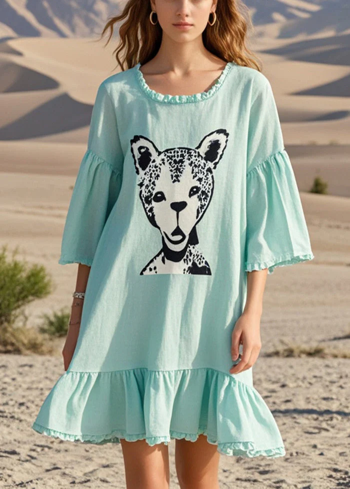 Organic Green Oversized Print Cotton Mini Dresses Summer - Image 5