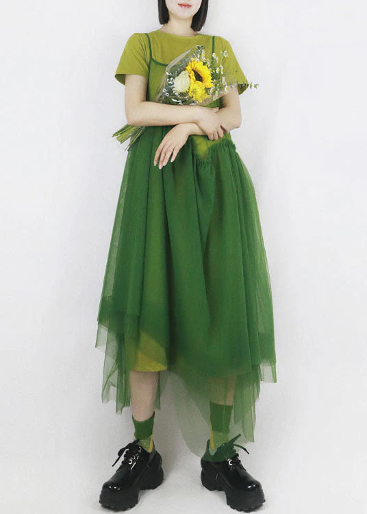 Organic Green Patchwork Hollow Out Tulle Spaghetti Strap Dress Long Smock Summer - Image 2