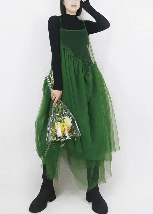 Organic Green Patchwork Hollow Out Tulle Spaghetti Strap Dress Long Smock Summer - Image 3