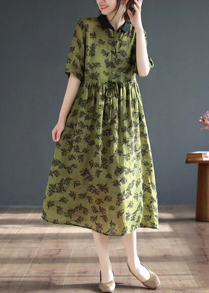 Organic Green Peter Pan Collar Print Button Long Dresses Short Sleeve - Image 2