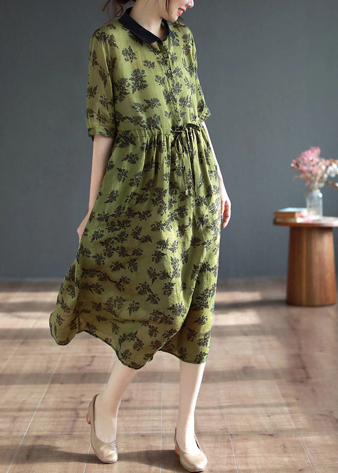 Organic Green Peter Pan Collar Print Button Long Dresses Short Sleeve - Image 3