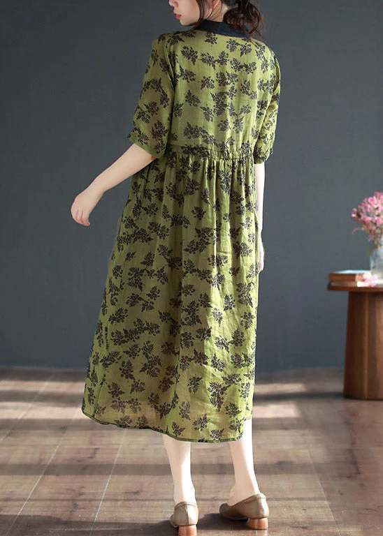 Organic Green Peter Pan Collar Print Button Long Dresses Short Sleeve - Image 4