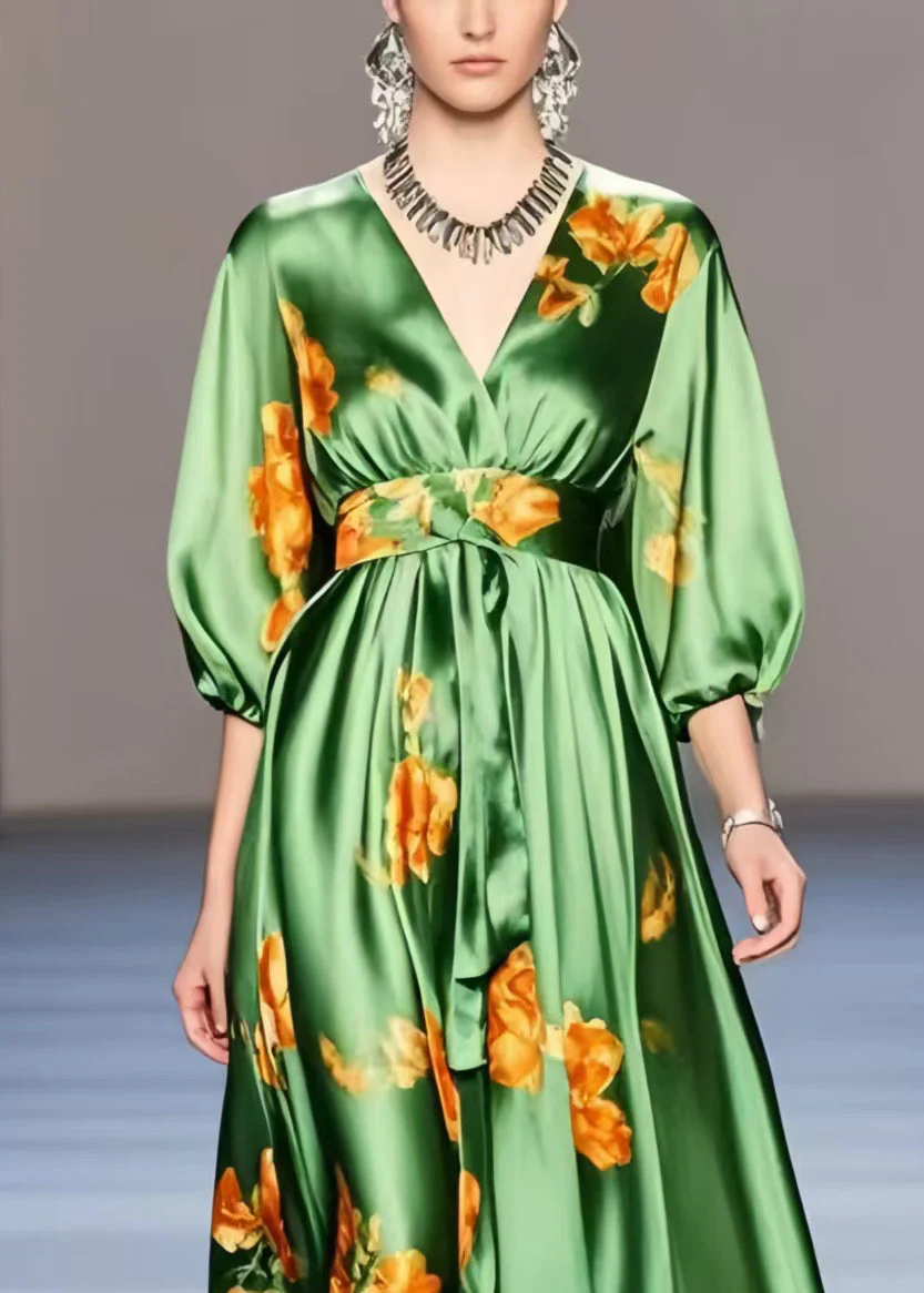 Organic Green Print Exra Large Hem Silk Holiday Dress Half Sleeve - Image 2