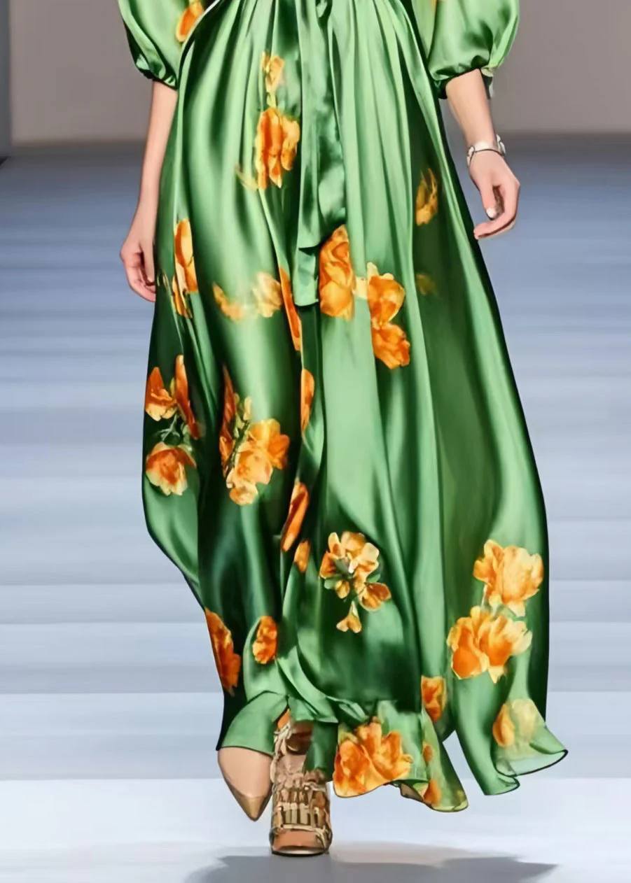 Organic Green Print Exra Large Hem Silk Holiday Dress Half Sleeve - Image 4