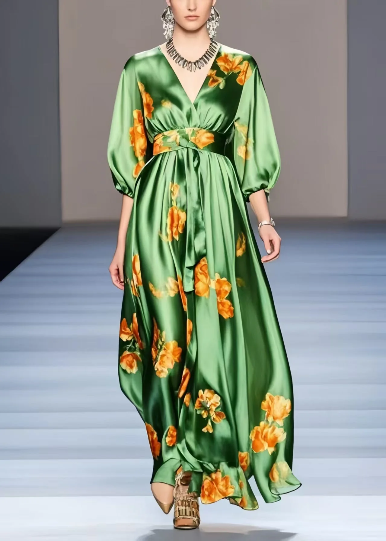 Organic Green Print Exra Large Hem Silk Holiday Dress Half Sleeve - Image 5