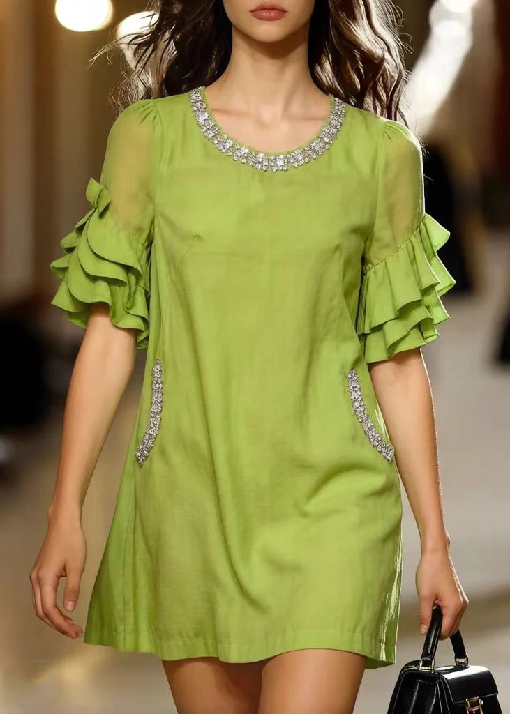 Organic Green Ruffled Zircon Cotton Tea Dress Summer - Image 3