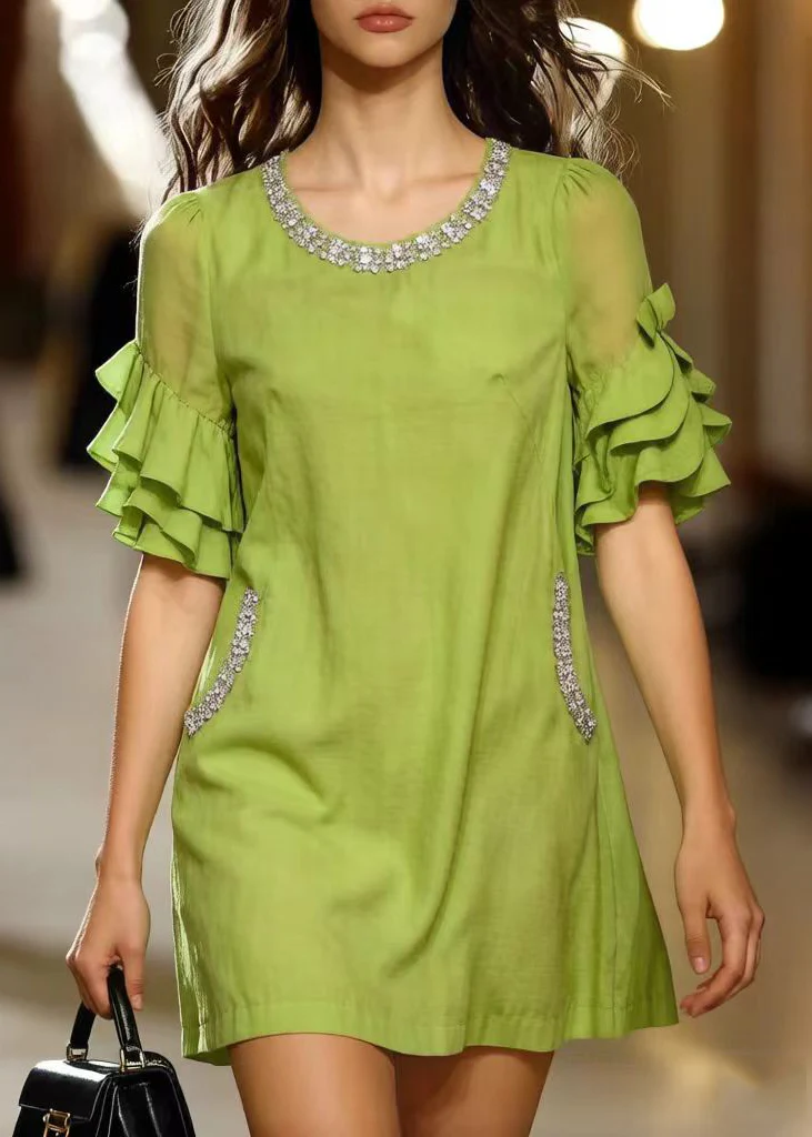 Organic Green Ruffled Zircon Cotton Tea Dress Summer - Image 5