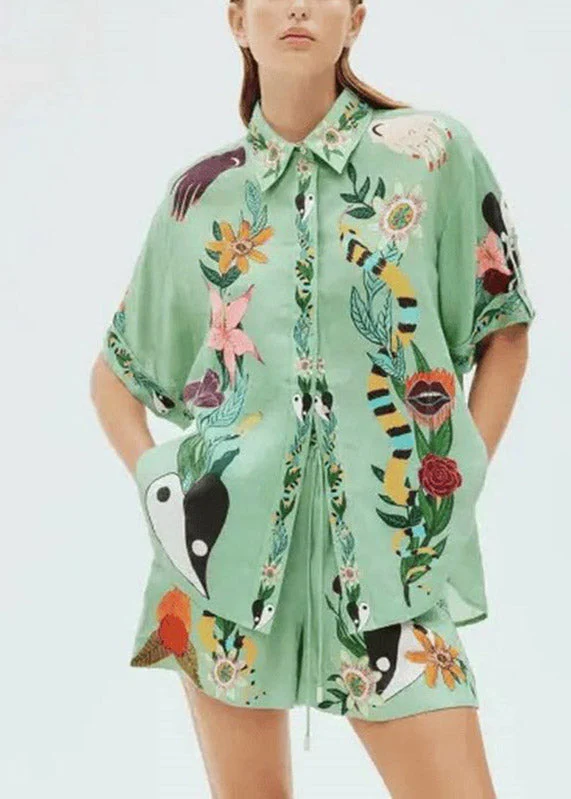 Organic Green Shirts And Shorts Patchwork Print Two Pieces Set Short Sleeve