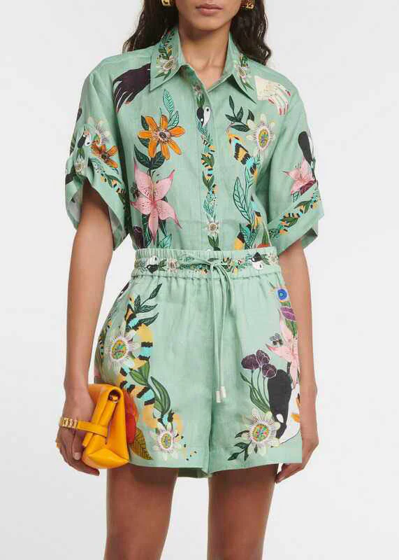 Organic Green Shirts And Shorts Patchwork Print Two Pieces Set Short Sleeve - Image 2