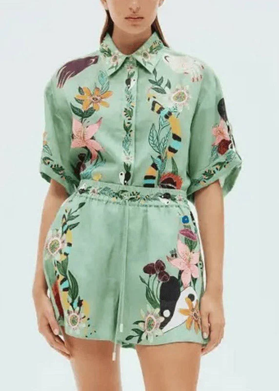 Organic Green Shirts And Shorts Patchwork Print Two Pieces Set Short Sleeve - Image 3