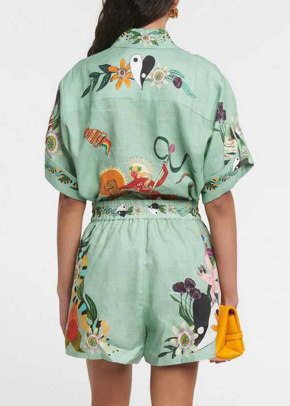 Organic Green Shirts And Shorts Patchwork Print Two Pieces Set Short Sleeve - Image 5