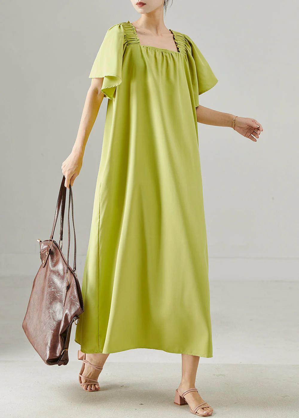 Organic Green Slash Neck Oversized Cotton Long Dresses Summer - Image 2