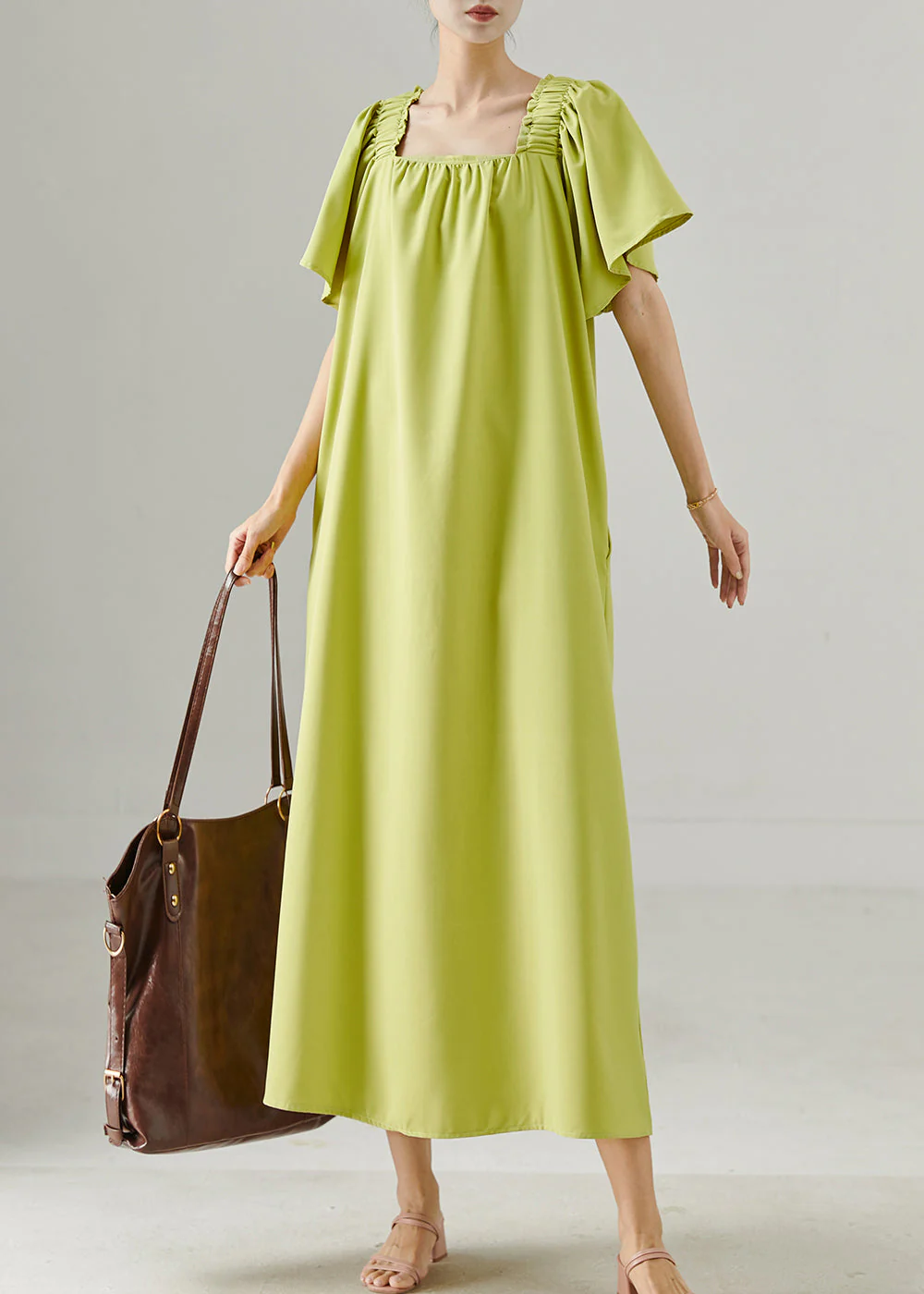 Organic Green Slash Neck Oversized Cotton Long Dresses Summer - Image 3