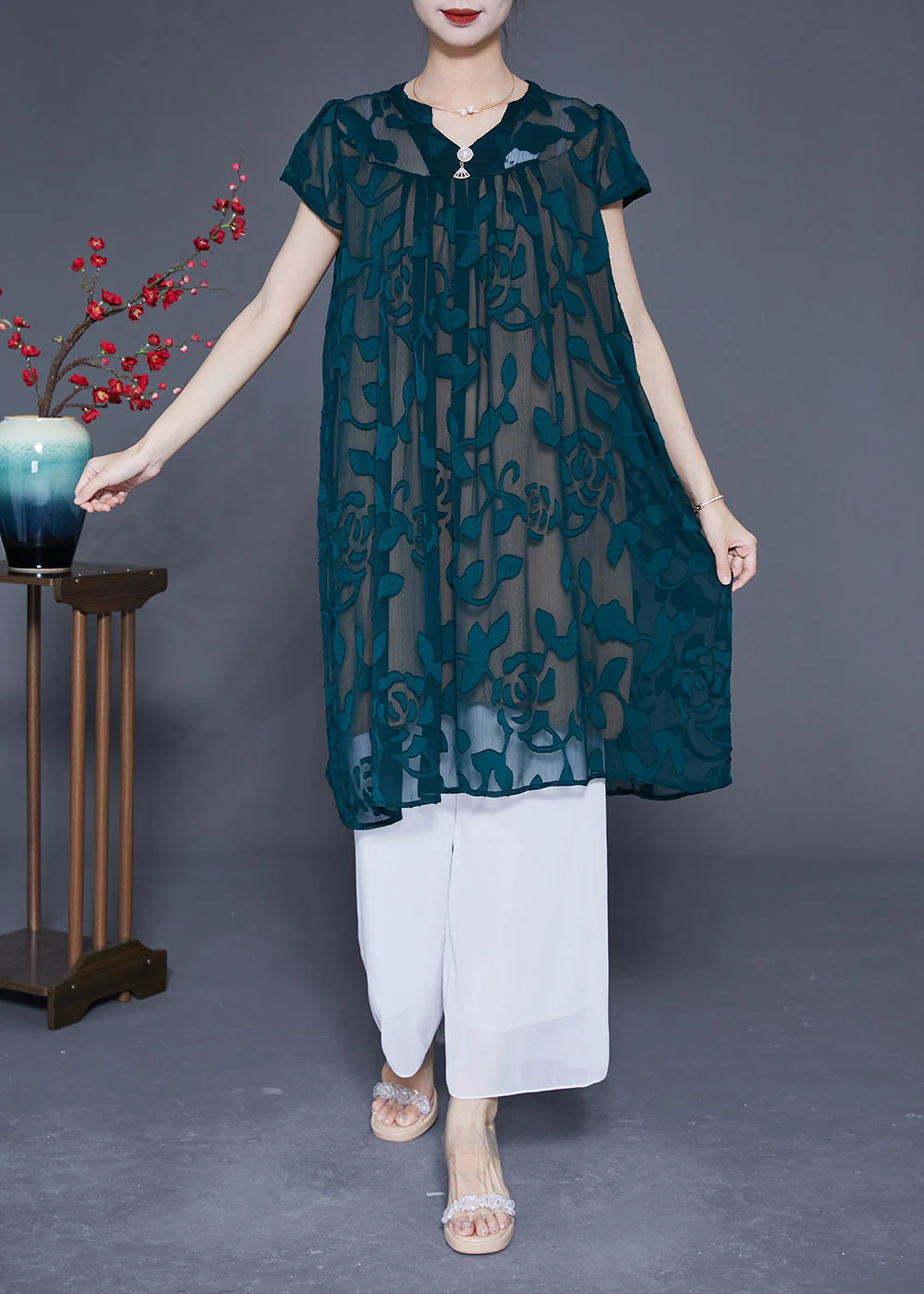 Organic Green V Neck Embroideried Tulle Dress Summer - Image 2